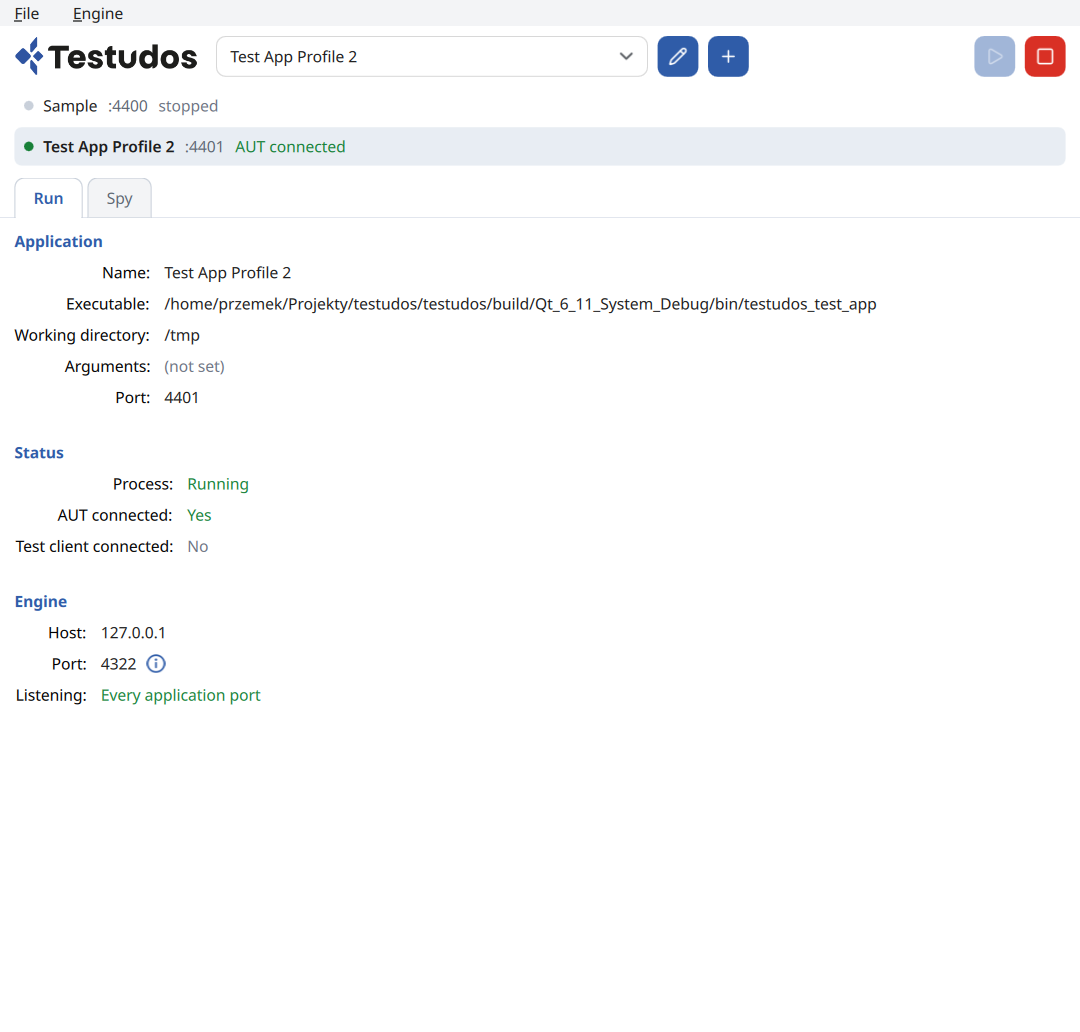 Testudos desktop app, Run tab: application profile, process status and Engine connection