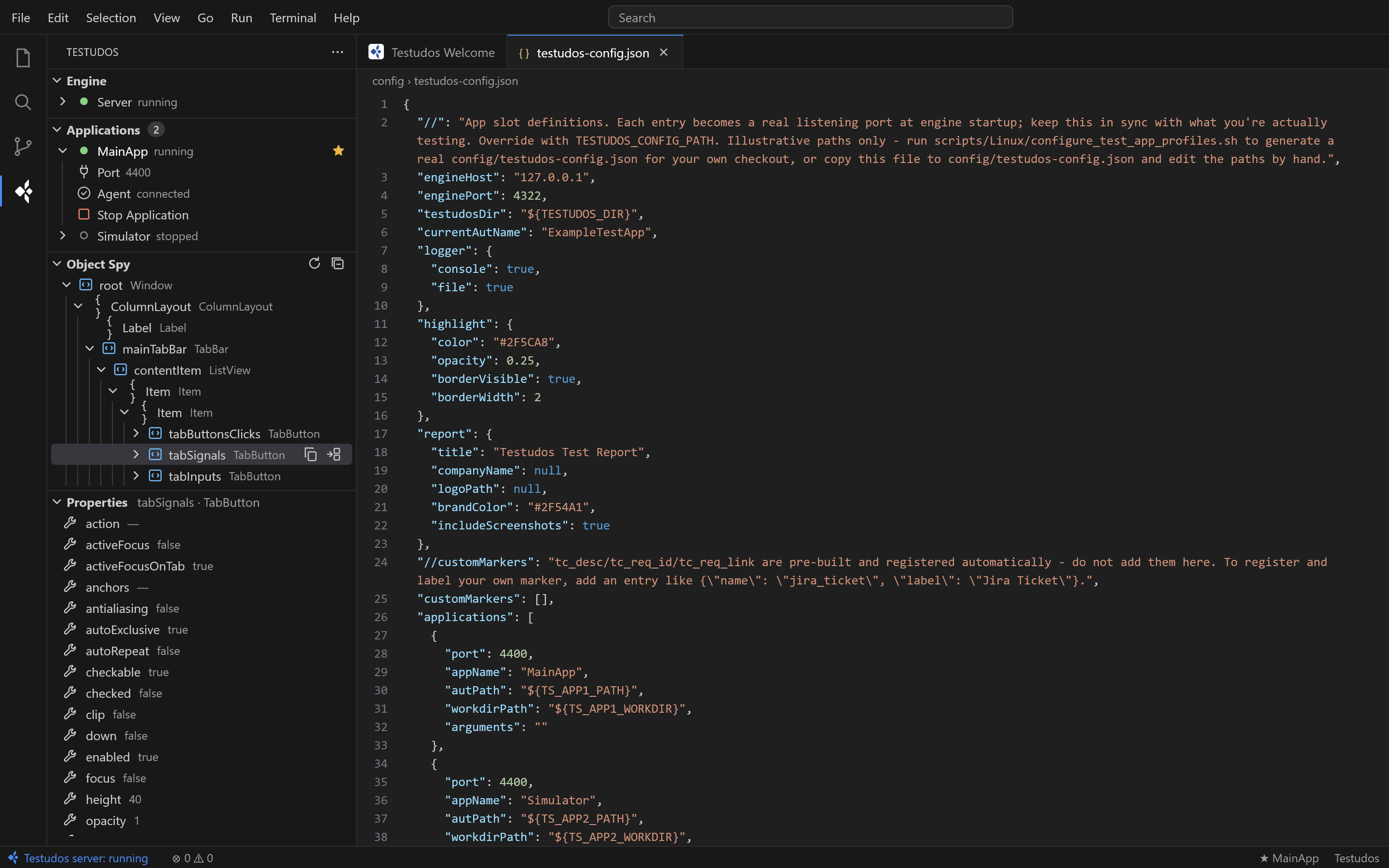 Visual Studio Code with the Testudos extension: engine status, applications, object spy and properties