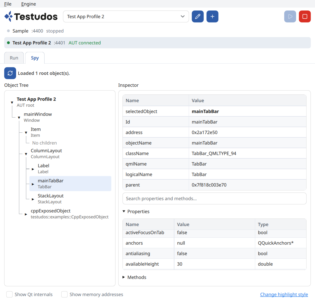 Testudos desktop app showing the object tree and inspector